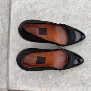 Lanvin Black Patent Open-Toe Heels with Sculptural Gold Heel